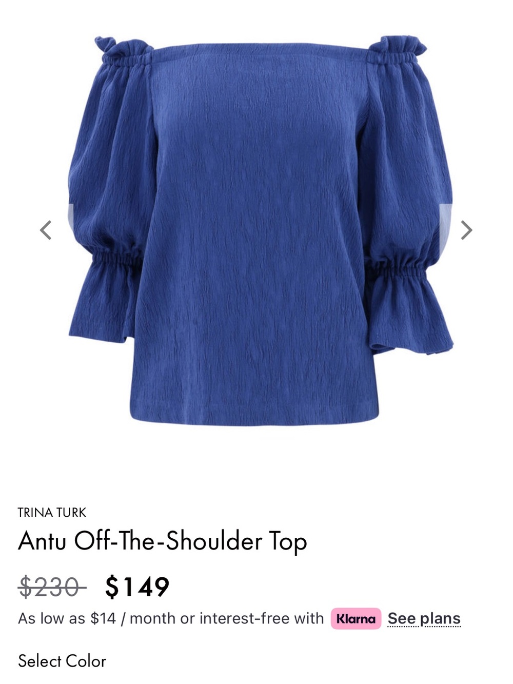 Trina Turk Royal Blue Off-Shoulder Puff Sleeve Blouse